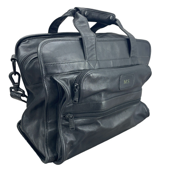 Vtg TUMI Nappa 923D3 Black Leather Multi-Pocket Travel Bag Monogramed READ - Picture 1 of 14